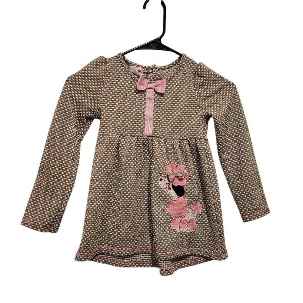Nanette Kids Charming Kids Dress with Pink Bow and Poodle Design Gray Pink